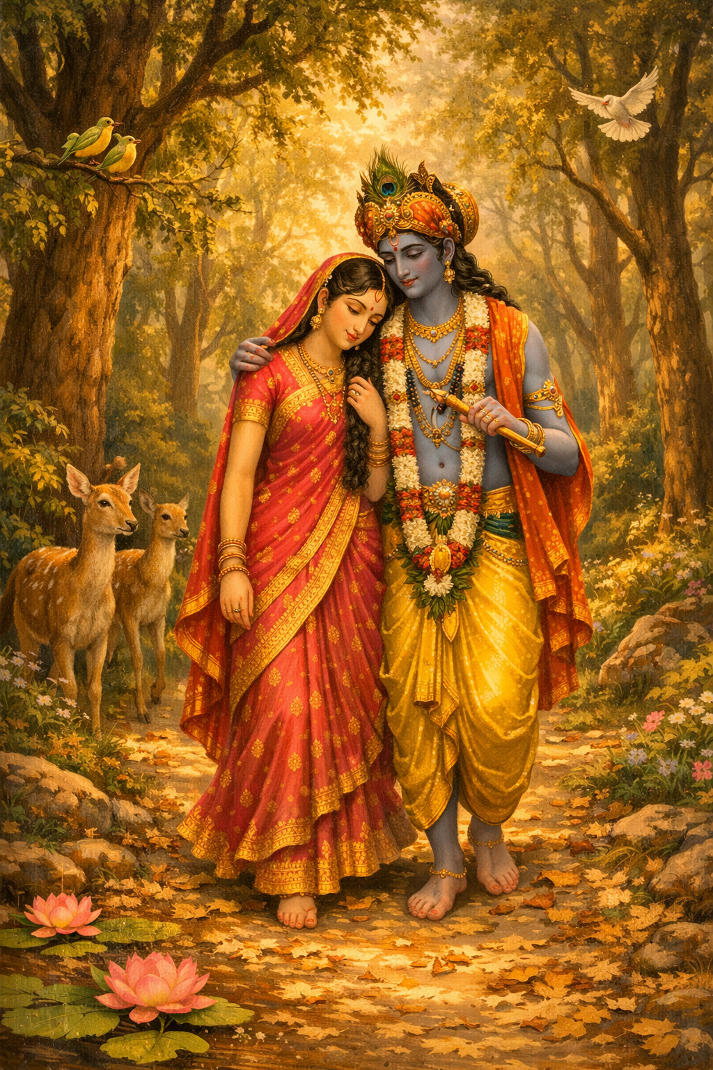 Radha and Krishna walking together through a forest path in Vrindavan with dappled sunlight and deer following — HD wallpaper